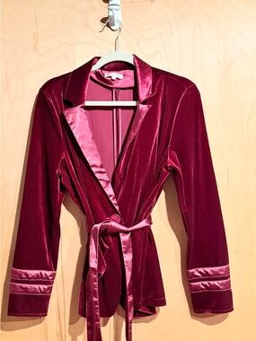 Velvet Satin-Trim Robe Jacket - Wine